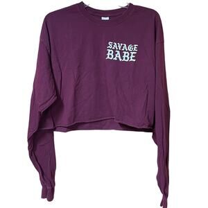 Savage Babe Cropped Long Sleeve Graphic Tee – Burgundy / Maroon (XL)
